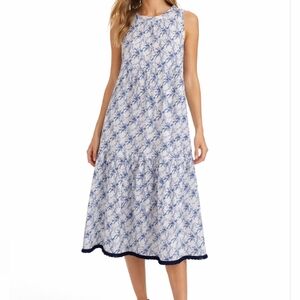 Sara Campbell Coastal Blue White Cotton Midi Dress Nautical Resort Chic M